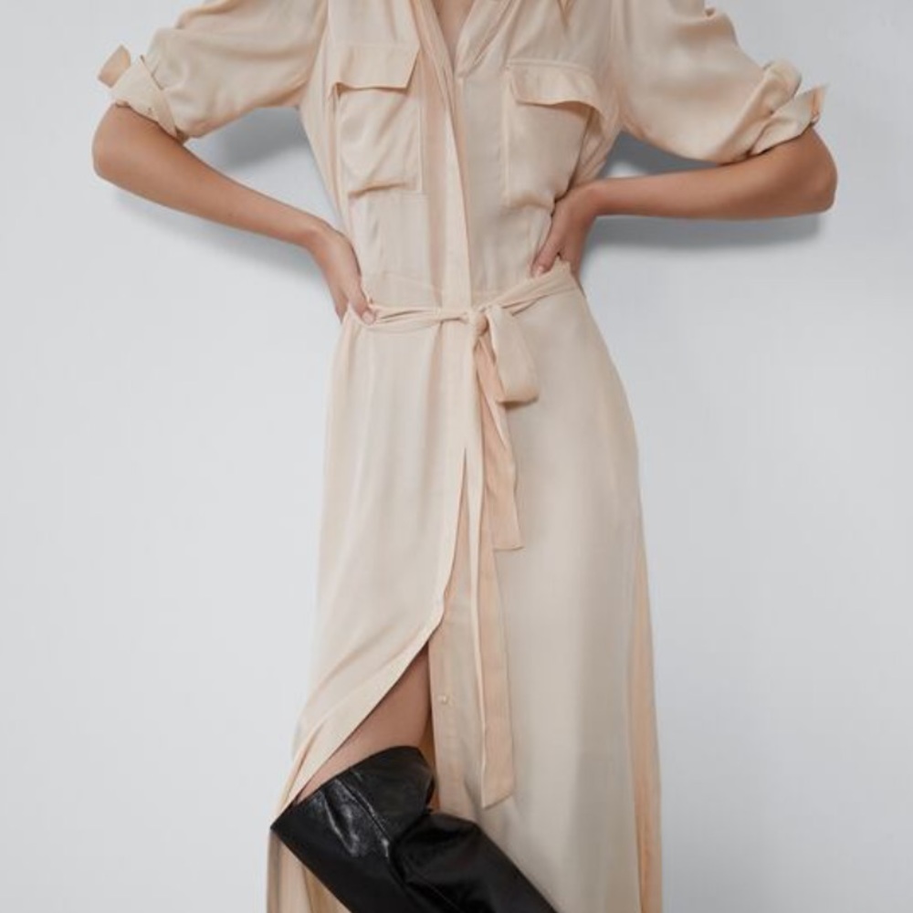 NWT: Zara Satin Effect Maxi Shirt Dress